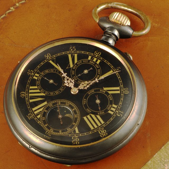 1900 Goliath full calendar Moon-phases gun metal pocket watch.